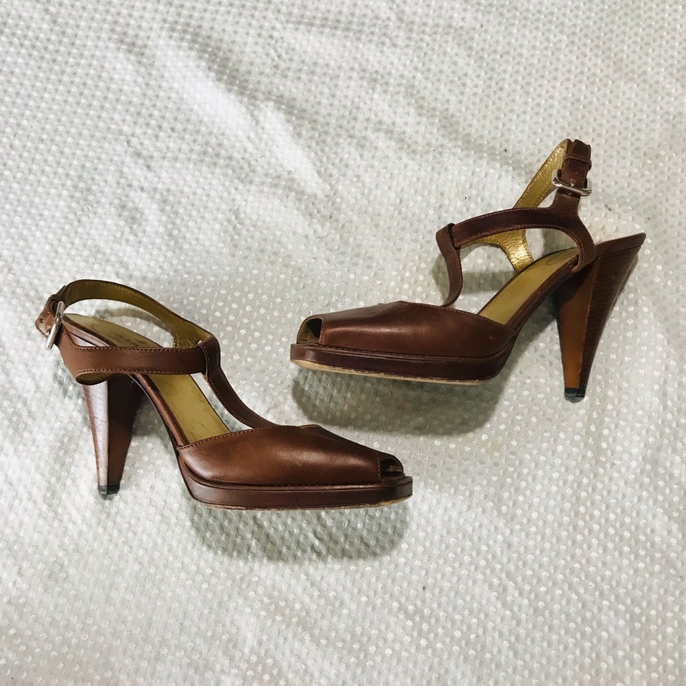 Prada Brown Leather Peep-Toe Slingback Heels